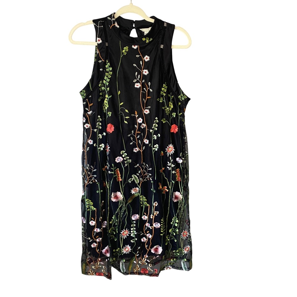 Est. 1946 Black Floral Embroidered Mesh Mock Neck Shift Dress Plus Size 14/16W